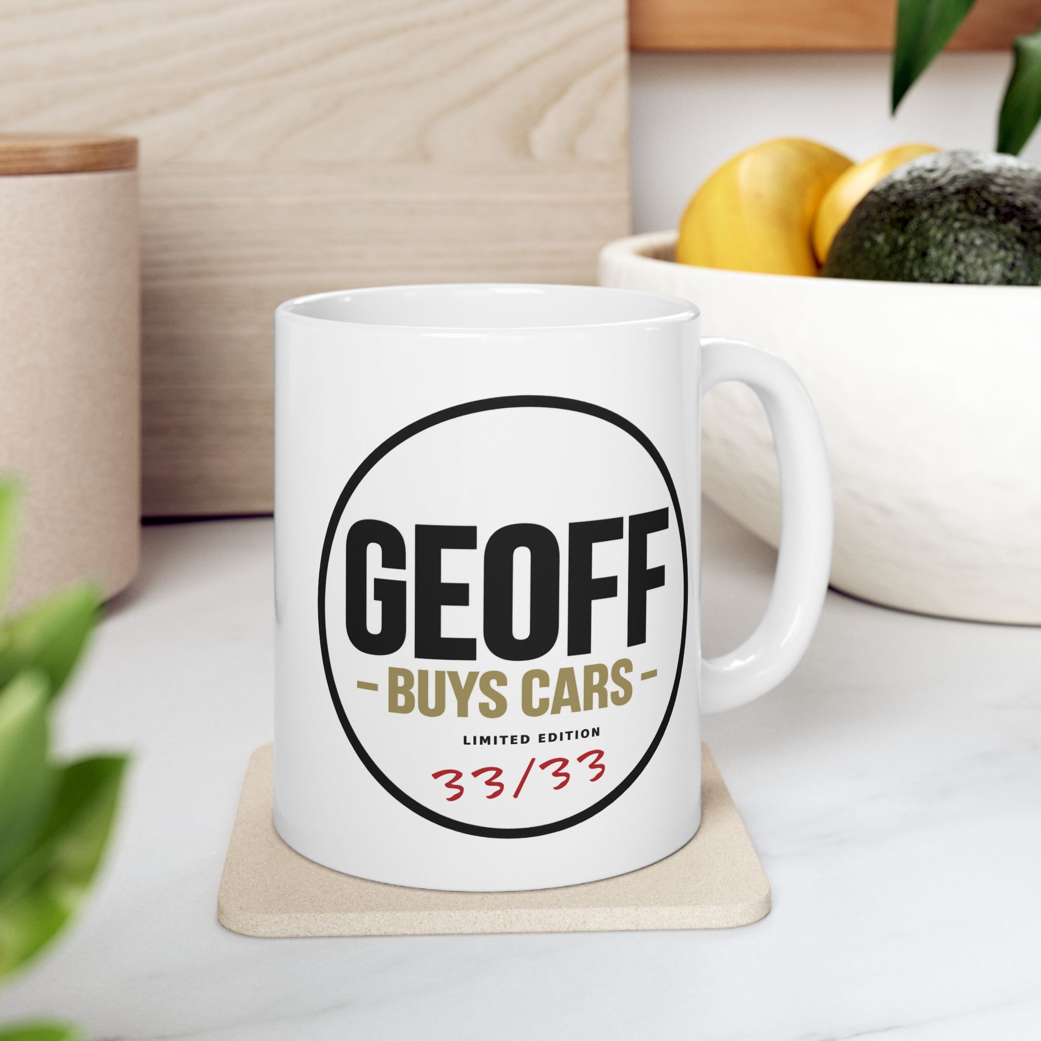Geoff Buys Cars limited edition mug; shown is Geoff's own number 33